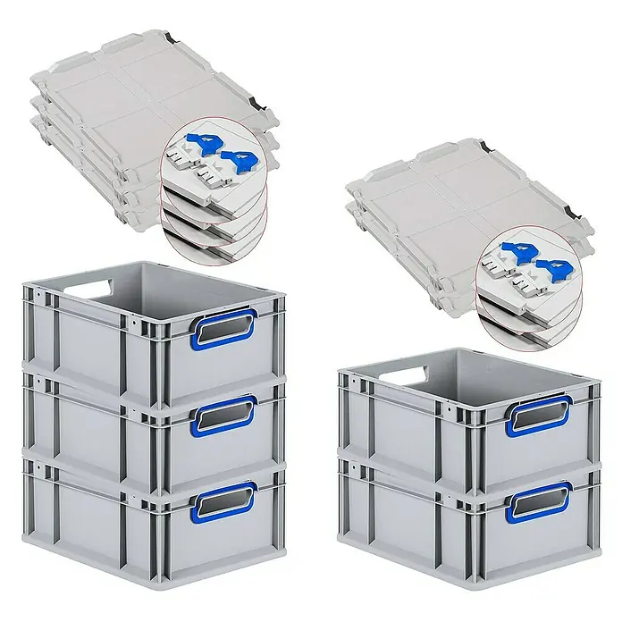 Proregal Euroboxen-Set 5x Eurobox NextGen Color mit Scharnierdeckel und Verschlüssen - L x B x H: 40 x 30 x 17 cm, Kunststoff, Grau, Blau, 5 Stk. - Bild von grauen Lagerboxen mit blauen Griffen und passenden Deckeln, die für Ordnung und Organisation sorgen.\n