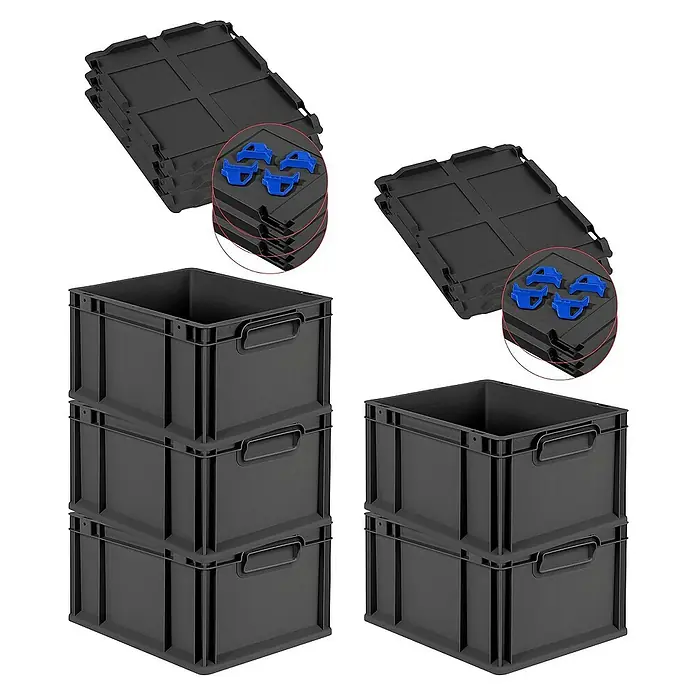 Proregal Euroboxen-Set 5x Eurobox NextGen Grip mit Auflagedeckel inkl. 4 blauen Verschlüssen - L x B x H: 40 x 30 x 22 cm, Kunststoff, Schwarz, 5 Stk. - Schwarze Lagerboxen und Deckel mit blauen Verschlüssen, gestapelt für Lagerung und Organisation.