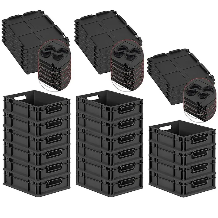 SuperSparSet 16x Eurobox NextGen Color mit Auflagedeckel und Schiebeschnappverschlüsse | HxBxT 12x30x40cm | 11 Liter | Schwarz | Griffe schwarz offen | Glatter Boden | Eurobehälter, Transportbox, Transportbehälter, Stapelbehälter -  - Schwarze Lagerboxen und Deckel zur Aufbewahrung und Organisation.