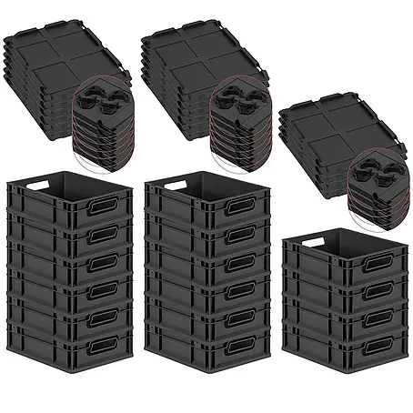SuperSparSet 16x Eurobox NextGen Color mit Auflagedeckel und Schiebeschnappverschlüsse | HxBxT 12x30x40cm | 11 Liter | Schwarz | Griffe schwarz offen | Glatter Boden | Eurobehälter, Transportbox, Transportbehälter, Stapelbehälter