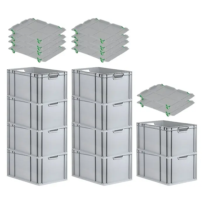 Proregal Euroboxen-Set 10x Eurobox NextGen Grip mit Auflagedeckel inkl. 4 grünen Verschlüssen - L x B x H: 60 x 40 x 32 cm, Kunststoff, Grau, 10 Stk. - Das Bild zeigt graue Eurobehälter mit Deckeln. Die Euroboxen sind in verschiedenen Stapeln angeordnet.