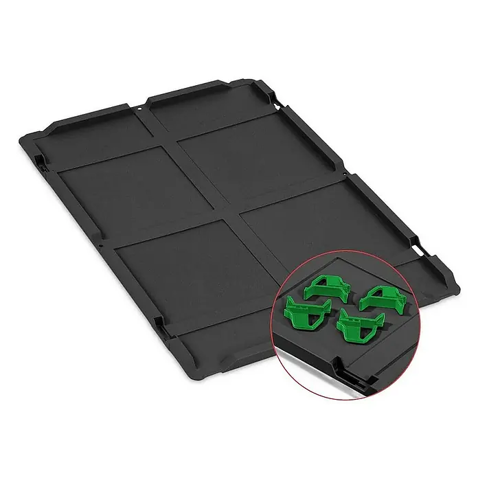 Proregal Euroboxen-Set 5x Eurobox NextGen Grip mit Auflagedeckel inkl. 4 grünen Verschlüssen - L x B x H: 60 x 40 x 12 cm, Kunststoff, Schwarz, 5 Stk. - Schwarze Kofferraummatte mit vier grünen Befestigungsclips, ideal für den Schutz des Fahrzeugbodens vor Schmutz und Beschädigungen.