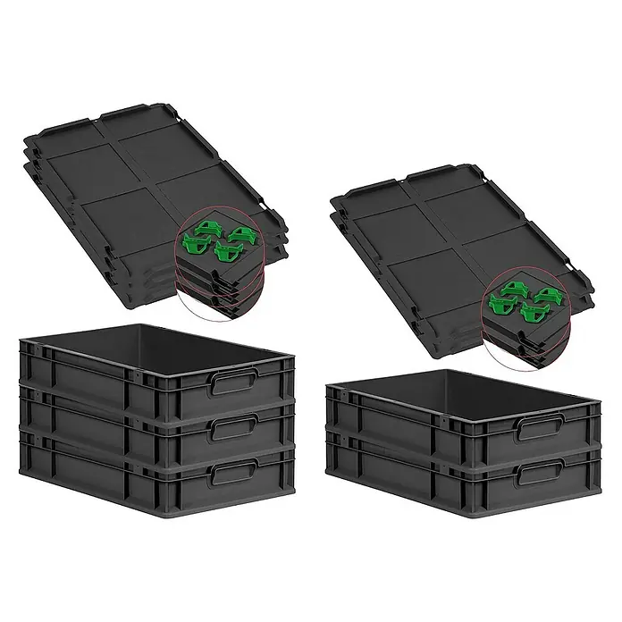 Proregal Euroboxen-Set 5x Eurobox NextGen Grip mit Auflagedeckel inkl. 4 grünen Verschlüssen - L x B x H: 60 x 40 x 12 cm, Kunststoff, Schwarz, 5 Stk. - Schwarze Kunststoffboxen, gestapelt mit flachen Deckeln und grünen Verschlussclips für sichere Aufbewahrung und Transport.