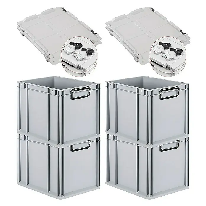 Proregal Euroboxen-Set 4x Eurobox NextGen Color mit Scharnierdeckel und Verschlüssen - Kunststoff, Grau, Schwarz, 4 Stk. - Set aus grauen Euroboxen mit Deckeln. Perfekt für Lagerung und Transport, robust und stapelbar.