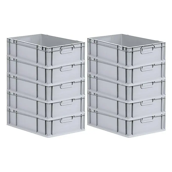 Proregal Euroboxen-Set 10x Eurobox NextGen Economy mit Scharnierdeckel und grünen Verschlüssen - L x B x H: 60 x 40 x 17 cm, Kunststoff, Grau, 10 Stk. - Abbildung von zwei Stapeln grauer Kunststoffbehälter mit Griffen, ideal für Lagerung und Organisation.