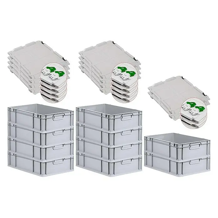 Proregal Euroboxen-Set 10x Eurobox NextGen Economy mit Scharnierdeckel und grünen Verschlüssen - L x B x H: 60 x 40 x 17 cm, Kunststoff, Grau, 10 Stk. - Bild von grauen Eurobehältern und passenden Deckeln. Robuste, stapelbare Lagerbehälter für Industrie und Gewerbe.