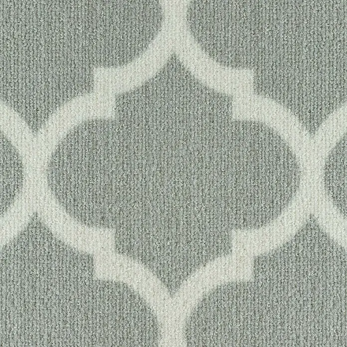 Teppichläufer Navan - Grau, 100 x 80 cm, 100 % Polyamid - Nahaufnahme eines Teppichs mit einem sich wiederholenden, stilisierten Blumenmuster in Grau und Weiß.