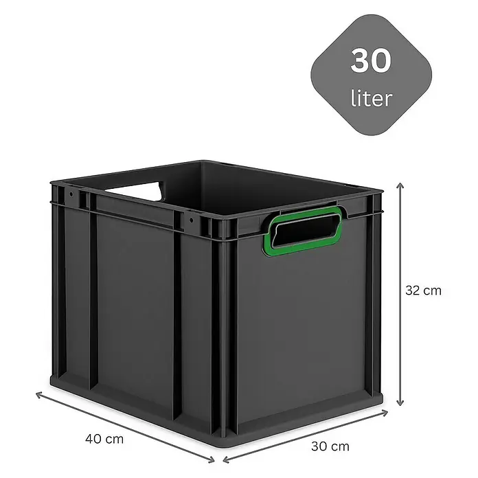 Proregal Euroboxen-Set 4x Eurobox NextGen Color mit Scharnierdeckel und Verschlüssen - Kunststoff, Schwarz, Grün, 4 Stk. - Graue 30-Liter-Lagerbox aus Kunststoff mit grünen Griffen und den Maßen 40 x 30 x 32 cm.