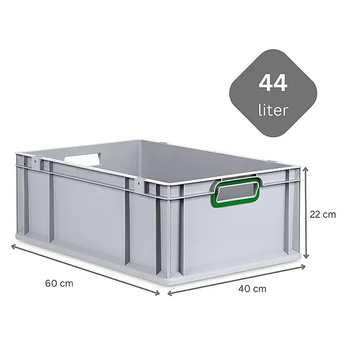 Proregal Euroboxen-Set 4x Eurobox NextGen Color mit Auflagedeckel und Schiebeschnappverschlüsse - L x B x H: 60 x 40 x 22 cm, Kunststoff, Grau, Grün, 4 Stk. - Graue Kunststoffbox mit den Maßen 60 x 40 x 22 cm und einem Fassungsvermögen von 44 Litern.