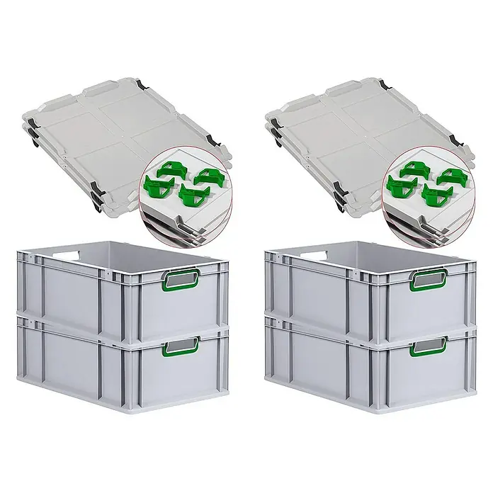 Proregal Euroboxen-Set 4x Eurobox NextGen Color mit Auflagedeckel und Schiebeschnappverschlüsse - L x B x H: 60 x 40 x 22 cm, Kunststoff, Grau, Grün, 4 Stk. - Zwei Stapelboxen aus Kunststoff mit Deckeln und grünen Griffen für den einfachen Transport und die Lagerung verschiedener Gegenstände.