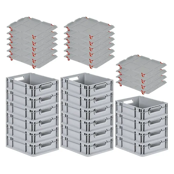 Proregal Euroboxen-Set 16x Eurobox NextGen Grip mit Auflagedeckel inkl. 4 roten Verschlüssen - L x B x H: 40 x 30 x 12 cm, Kunststoff, Grau, 16 Stk. - Drei Stapel grauer Kunststoffkisten und drei Stapel grauer Deckel für eine ordentliche Lagerung und Organisation.