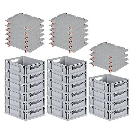 SuperSparSet 16x Eurobox NextGen Grip mit Auflagedeckel inkl. 4 roten Schiebeschnappverschlüssen | HxBxT 12x30x40cm | 11 Liter | Grau | Griffe offen | Glatter Boden | Eurobehälter, Transportbox, Transportbehälter, Stapelbehälter