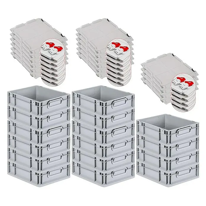 Proregal Euroboxen-Set 16x Eurobox NextGen Economy mit Scharnierdeckel und roten Verschlüssen - L x B x H: 40 x 30 x 12 cm, Kunststoff, Grau, 16 Stk. - Das Bild zeigt Stapel von grauen Lagerboxen und zugehörigen Deckeln, die für Ordnung und effiziente Lagerung sorgen.