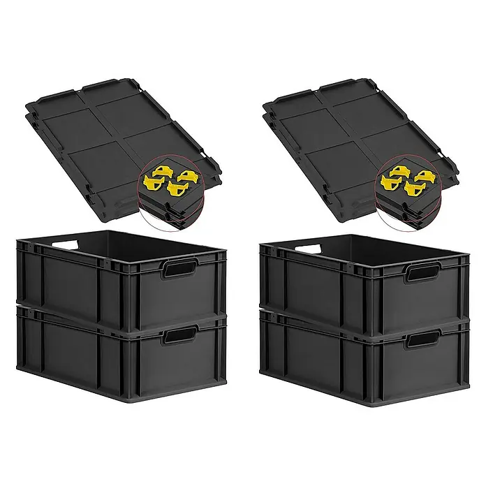 Proregal Euroboxen-Set 4x Eurobox NextGen Grip mit Auflagedeckel inkl. 4 gelben Verschlüssen - L x B x H: 60 x 40 x 22 cm, Kunststoff, Schwarz, 4 Stk. - Schwarze Aufbewahrungsboxen und Deckel.