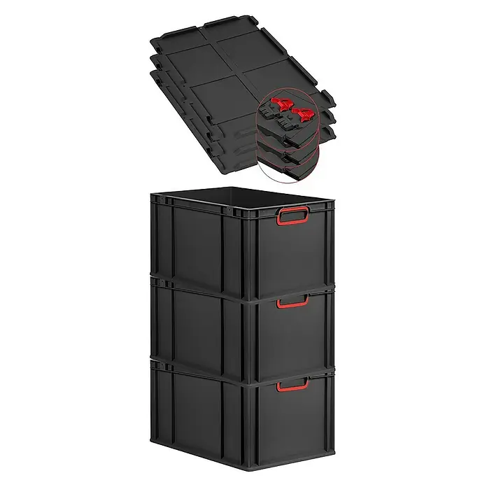 SuperSparSet 3x Eurobox NextGen Color mit Scharnierdeckel und Schiebeschnappverschlüssen | HxBxT 32x40x60cm | 65 Liter | Schwarz | Griffe rot geschlossen | Verstärkter Boden | Eurobehälter, Transportbox, Transportbehälter, Stapelbehälter -  - Aufbewahrungskisten aus robustem Kunststoff mit roten Griffen und Deckeln mit Clip-Verschlüssen für sichere Lagerung und einfachen Transport.