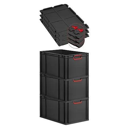 SuperSparSet 3x Eurobox NextGen Color mit Scharnierdeckel und Schiebeschnappverschlüssen | HxBxT 32x40x60cm | 65 Liter | Schwarz | Griffe rot geschlossen | Verstärkter Boden | Eurobehälter, Transportbox, Transportbehälter, Stapelbehälter