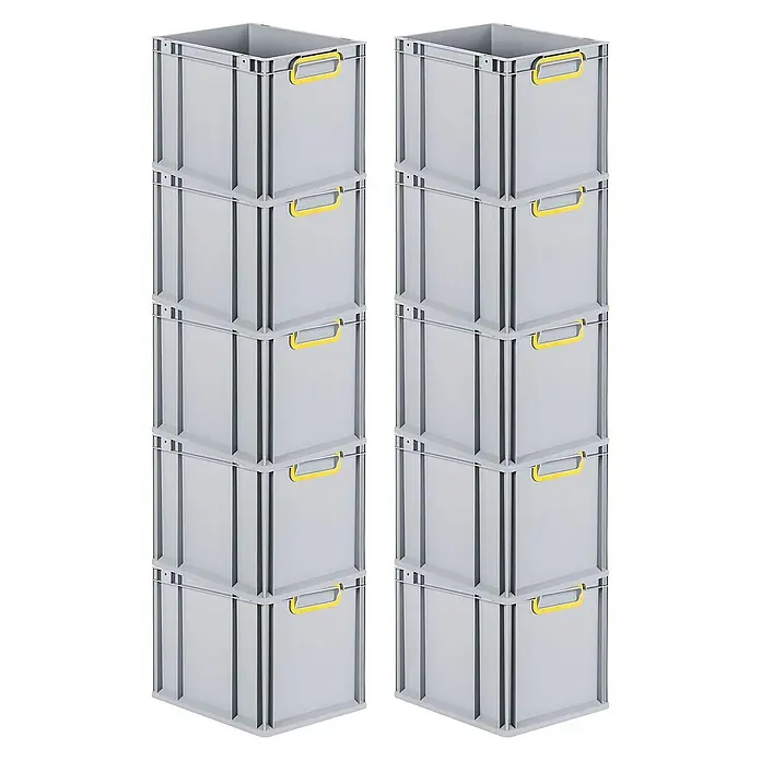Proregal Euroboxen-Set 10x Eurobox NextGen Color - Kunststoff, Grau, Gelb, 10 Stk. - Zwei Stapel grauer Kunststoffbehälter mit gelben Griffen. Ideal für Lagerung und Organisation, platzsparend und robust.