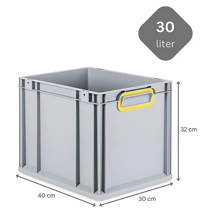 Proregal Euroboxen-Set 10x Eurobox NextGen Color - Kunststoff, Grau, Gelb, 10 Stk. - Abbildung einer grauen 30-Liter-Kunststoffbox mit gelben Griffen und Größenangaben.