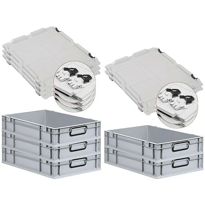 SuperSparSet 5x Eurobox NextGen Color mit Scharnierdeckel und Schiebeschnappverschlüssen | HxBxT 12x40x60cm | 23 Liter | Grau | Griffe schwarz geschlossen | Glatter Boden | Eurobehälter, Transportbox, Transportbehälter, Stapelbehälter -  - Produktbild von grauen Lagerkästen und Deckeln. Die Kästen sind stapelbar und haben Griffe. Die Deckel sind auch stapelbar.