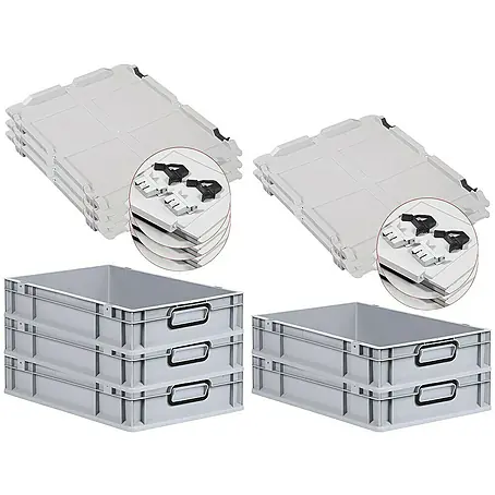 SuperSparSet 5x Eurobox NextGen Color mit Scharnierdeckel und Schiebeschnappverschlüssen | HxBxT 12x40x60cm | 23 Liter | Grau | Griffe schwarz geschlossen | Glatter Boden | Eurobehälter, Transportbox, Transportbehälter, Stapelbehälter