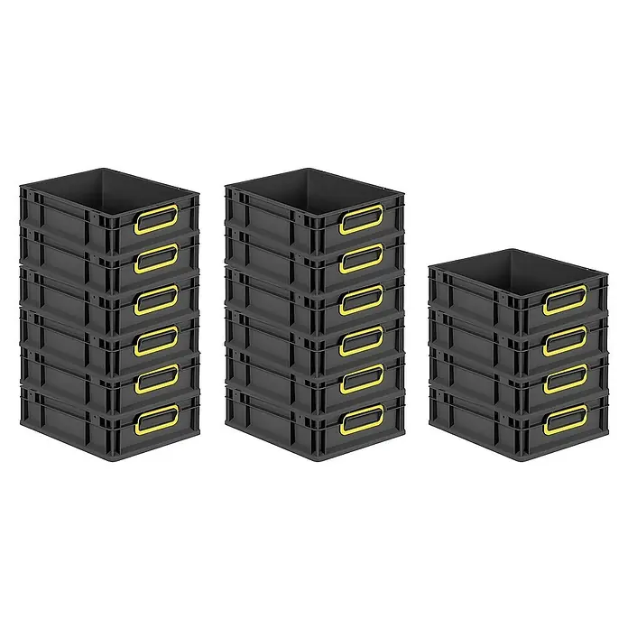 Proregal Euroboxen-Set 16x Eurobox NextGen Color - L x B x H: 40 x 30 x 12 cm, Kunststoff, Schwarz, Gelb, 16 Stk. - Drei Stapel grauer Kunststoffkisten mit gelben Griffen unterschiedlicher Höhe.