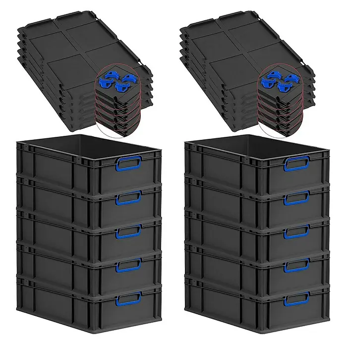 Proregal Euroboxen-Set 10x Eurobox NextGen Color mit Auflagedeckel und Schiebeschnappverschlüsse - L x B x H: 60 x 40 x 17 cm, Kunststoff, Schwarz, Blau, 10 Stk. - Stapelbare, graue Kunststoffboxen und Deckel mit blauen Griffen, ideal für Lagerung und Organisation.