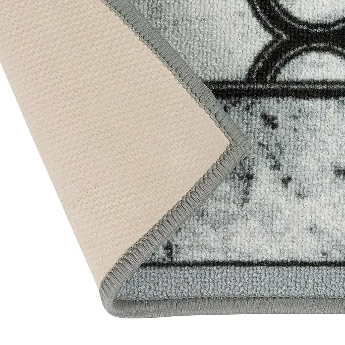 Teppichläufer Limerick - Grau, 250 x 80 cm, 100 % Polyamid - Detailansicht eines Teppichs mit abstraktem Muster und grauer Umrandung, die die Textur und Verarbeitung hervorhebt.