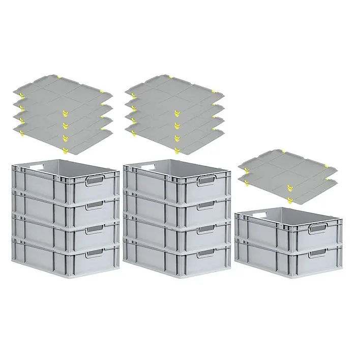 Proregal Euroboxen-Set 10x Eurobox NextGen Grip mit Auflagedeckel inkl. 4 gelben Verschlüssen - L x B x H: 60 x 40 x 17 cm, Kunststoff, Grau, 10 Stk. - Stapelbare, graue Lagerboxen mit gelben Deckeln. Ideal zur Aufbewahrung und zum Transport von Gegenständen, robust und platzsparend.