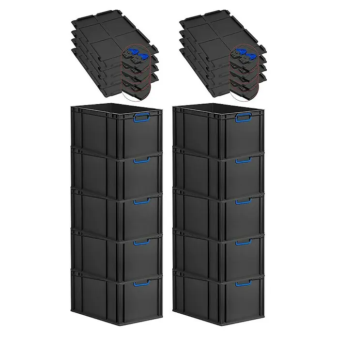 Proregal Euroboxen-Set 10x Eurobox NextGen Color mit Scharnierdeckel und Verschlüssen - L x B x H: 60 x 40 x 32 cm, Kunststoff, Schwarz, Blau, 10 Stk. - Stapelbare schwarze Kunststoffboxen mit blauen Griffen und Deckeln für Lagerung und Organisation.