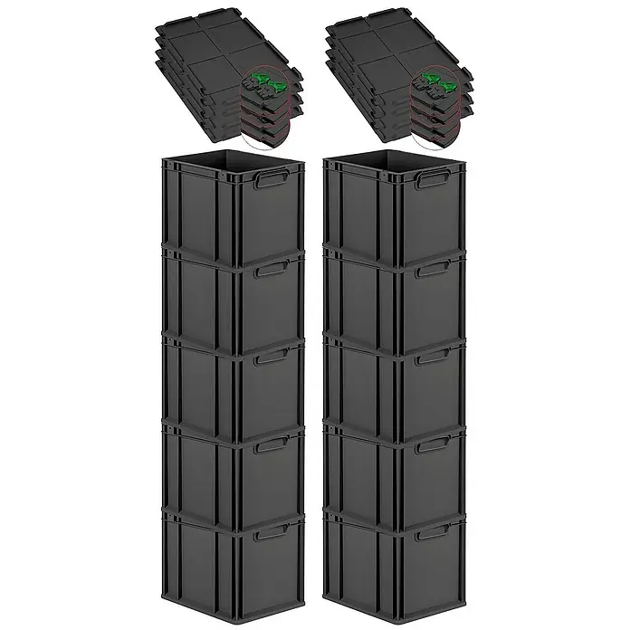 Proregal Euroboxen-Set 10x Eurobox NextGen Grip mit Scharnierdeckel und grünen Verschlüssen - Kunststoff, Schwarz, 10 Stk. - Bild von zwei Stapeln schwarzer Aufbewahrungsboxen mit passenden Deckeln, die für Ordnung und Organisation sorgen.