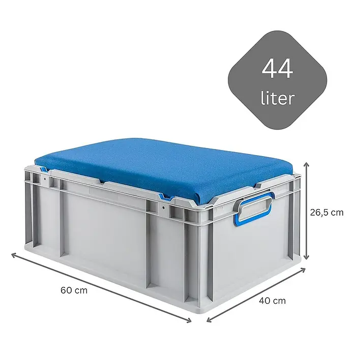 Proregal Euroboxen-Set 3x Eurobox NextGen Seat Box Blau - L x B x H: 60 x 40 x 26,5 cm, Kunststoff, Grau, Blau, 3 Stk. - Graue Kunststoffbox mit blauem Sitzkissen, Maße 60 x 40 x 26,5 cm und einem Fassungsvermögen von 44 Litern.