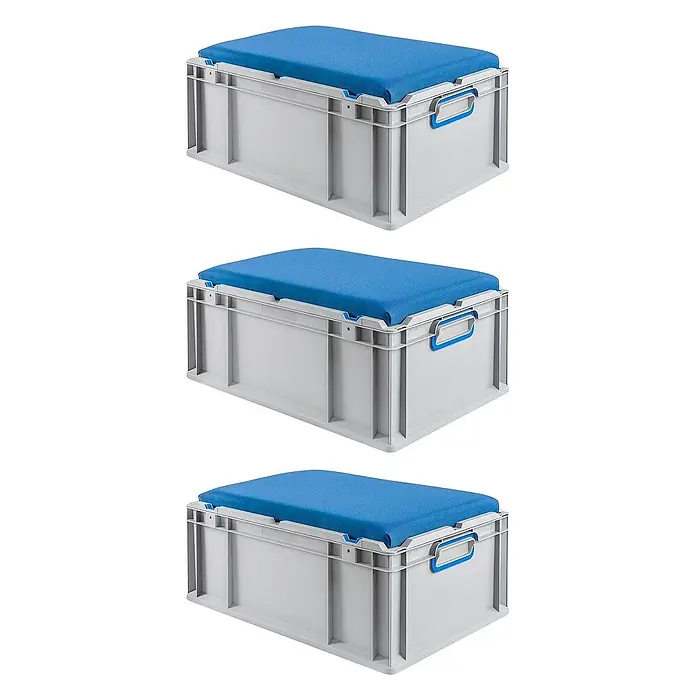 Proregal Euroboxen-Set 3x Eurobox NextGen Seat Box Blau - L x B x H: 60 x 40 x 26,5 cm, Kunststoff, Grau, Blau, 3 Stk. - Drei graue Kunststoffboxen mit blauen Sitzkissen. Die Boxen sind stabil und ideal zur Aufbewahrung und als Sitzgelegenheit.