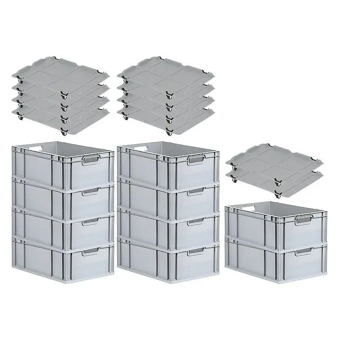 Proregal Euroboxen-Set 10x Eurobox NextGen Economy mit Auflagedeckel und 4x Verschlüsse Schwarz - Kunststoff, Grau, 10 Stk. - Darstellung von grauen Lagerboxen und Rollbrettern, die eine effiziente Lagerung und Bewegung von Gütern ermöglichen.\n