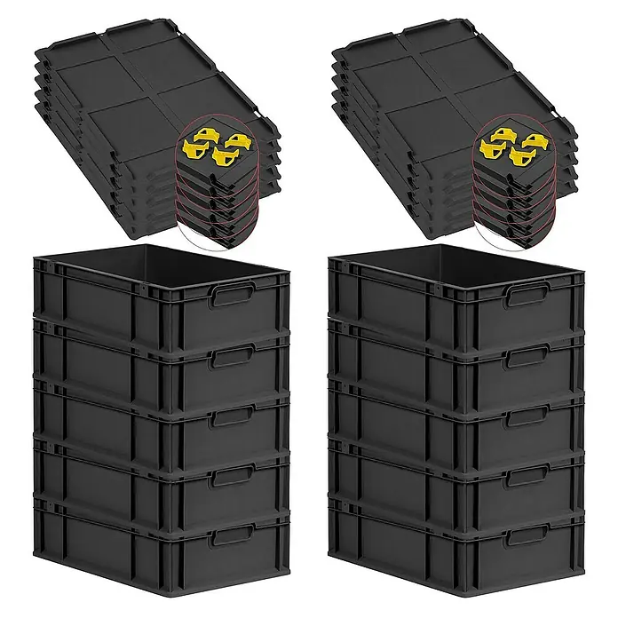 Proregal Euroboxen-Set 10x Eurobox NextGen Grip mit Auflagedeckel inkl. 4 gelben Verschlüssen - L x B x H: 60 x 40 x 17 cm, Kunststoff, Schwarz, 10 Stk. - Schwarze Kunststoffbehälter und Deckel für eine organisierte Lagerung, ideal für Zuhause oder das Büro.