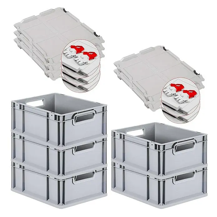 Proregal Euroboxen-Set 5x Eurobox NextGen Economy mit Scharnierdeckel und roten Verschlüssen - L x B x H: 40 x 30 x 17 cm, Kunststoff, Grau, 5 Stk. - Stapelbare graue Kunststoffboxen mit Deckeln. Ideal für Lagerung und Transport, robust und platzsparend mit praktischen Griffen für den einfachen Gebrauch.