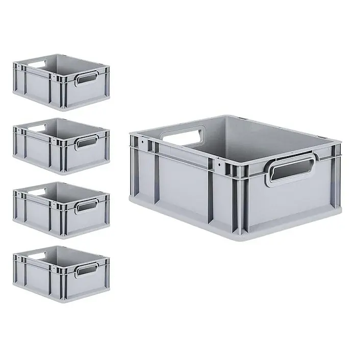 Proregal Euroboxen-Set 5x Eurobox NextGen Economy mit Scharnierdeckel und roten Verschlüssen - L x B x H: 40 x 30 x 17 cm, Kunststoff, Grau, 5 Stk. - Ein Foto von fünf grauen Kunststoffboxen. Die Boxen sind stapelbar und haben Griffe an den Seiten, was sie ideal für die Lagerung macht.