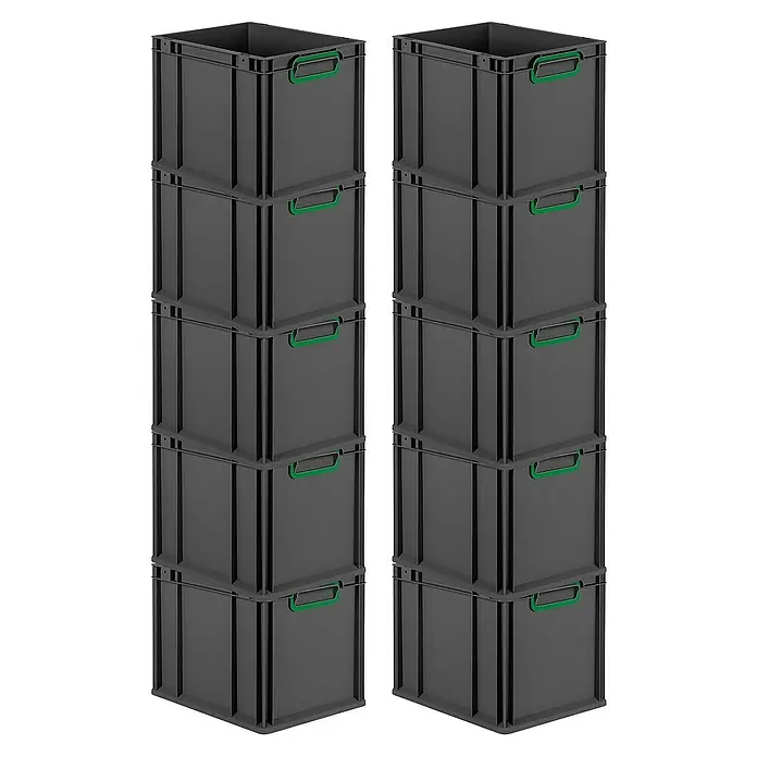 Proregal Euroboxen-Set 10x Eurobox NextGen Color - Kunststoff, Schwarz, Grün, 10 Stk. - Zwei Stapel grauer Kunststoffbehälter mit grünen Griffen, übereinander gestapelt. Ideal für Lagerung und Transport.