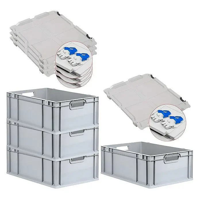 Proregal Euroboxen-Set 4x Eurobox NextGen Grip mit Scharnierdeckel und blauen Verschlüssen - L x B x H: 60 x 40 x 22 cm, Kunststoff, Grau, 4 Stk. - Das Bild zeigt stapelbare graue Kunststoffbehälter mit Deckeln und Griffen. Die Behälter sind vielseitig einsetzbar und robust.