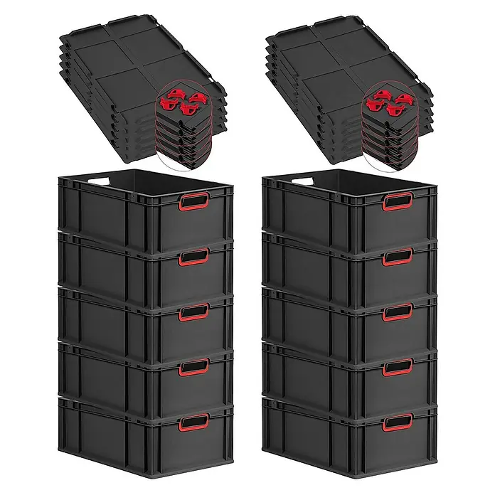 Proregal Euroboxen-Set 10x Eurobox NextGen Color mit Auflagedeckel und Schiebeschnappverschlüsse - L x B x H: 60 x 40 x 22 cm, Kunststoff, Schwarz, Rot, 10 Stk. - Abgebildet sind zwei Stapel schwarzer Aufbewahrungsboxen mit roten Griffen und dazugehörigen Deckeln, ideal für die Organisation.
