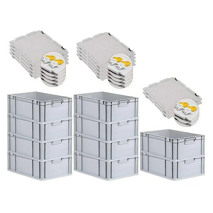 Proregal Euroboxen-Set 10x Eurobox NextGen Economy mit Scharnierdeckel und gelben Verschlüssen - L x B x H: 60 x 40 x 22 cm, Kunststoff, Grau, 10 Stk. - Graue Kunststoffboxen und dazugehörige Deckel sind aufgereiht und gestapelt, ideal für Lagerung und Ordnung.
