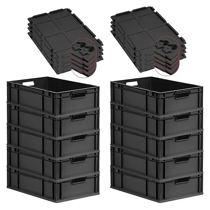 Proregal Euroboxen-Set 10x Eurobox NextGen Grip mit Scharnierdeckel und schwarzen Verschlüssen - L x B x H: 60 x 40 x 17 cm, Kunststoff, Schwarz, 10 Stk. - Ansicht von zwei Stapeln schwarzer Kunststoffkisten und zwei Stapeln passender Deckel, ideal für Lagerung und Organisation.