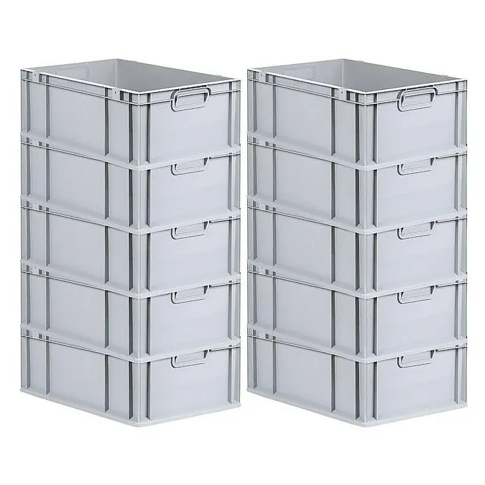 Proregal Euroboxen-Set 10x Eurobox NextGen Economy mit Scharnierdeckel und gelben Verschlüssen - L x B x H: 60 x 40 x 22 cm, Kunststoff, Grau, 10 Stk. - Zwei Stapel grauer Kunststoffkisten, ideal zur Aufbewahrung und Organisation verschiedener Gegenstände.