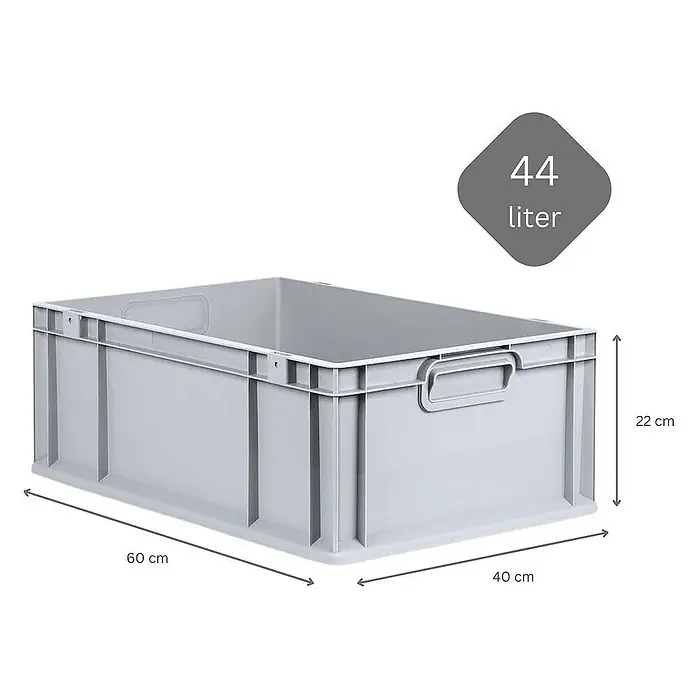 Proregal Euroboxen-Set 4x Eurobox NextGen Economy mit Auflagedeckel und 4x Verschlüsse Schwarz - Kunststoff, Grau, 4 Stk. - Graue 44-Liter-Kunststoffbox mit Griffen und Größenangaben. Ideal für Lagerung und Organisation.