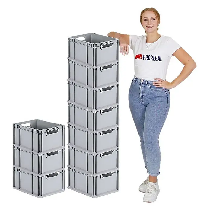 Proregal Euroboxen-Set 10x Eurobox NextGen Grip mit Auflagedeckel inkl. 4 gelben Verschlüssen - Kunststoff, Grau, 10 Stk. - Graue Lagerboxen in zwei Stapeln unterschiedlicher Höhe, die vielseitige Aufbewahrungslösungen bieten.