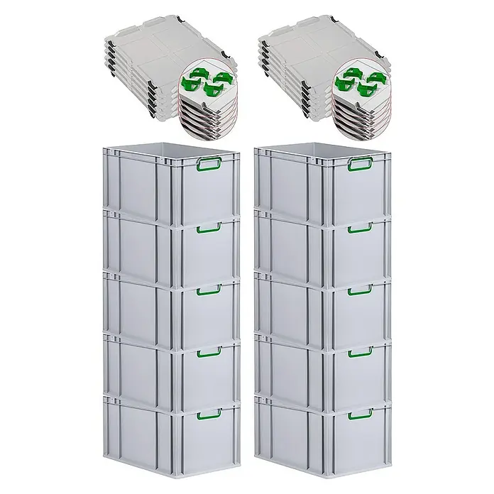 Proregal Euroboxen-Set 10x Eurobox NextGen Color mit Auflagedeckel und Schiebeschnappverschlüsse - Kunststoff, Grau, Grün, 10 Stk. - Bild von stapelbaren, grauen Aufbewahrungsboxen mit grünen Griffen und passenden Deckeln, ideal für Lagerung und Organisation.