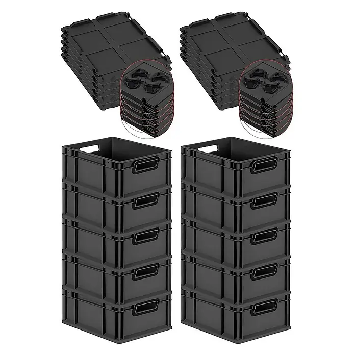 SuperSparSet 10x Eurobox NextGen Color mit Auflagedeckel und Schiebeschnappverschlüsse | HxBxT 17x30x40cm | 16 Liter | Schwarz | Griffe schwarz offen | Glatter Boden | Eurobehälter, Transportbox, Transportbehälter, Stapelbehälter -  - Ein Bild von zwei Stapeln schwarzen Lagerkisten und zwei Stapeln schwarzer Deckel für Lagerkisten.