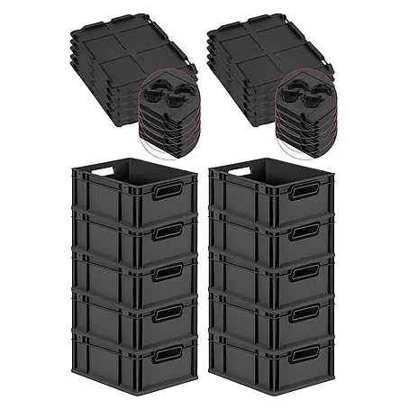 SuperSparSet 10x Eurobox NextGen Color mit Auflagedeckel und Schiebeschnappverschlüsse | HxBxT 17x30x40cm | 16 Liter | Schwarz | Griffe schwarz offen | Glatter Boden | Eurobehälter, Transportbox, Transportbehälter, Stapelbehälter
