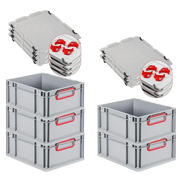 SparSet 5x Eurobox NextGen Color mit Auflagedeckel und Schiebeschnappverschlüsse | HxBxT 17x30x40cm | 16 Liter | Grau | Griffe rot geschlossen | Glatter Boden | Eurobehälter, Transportbox, Transportbehälter, Stapelbehälter -  - Bild zeigt graue Lagerboxen mit roten Griffen und Deckel. Die Boxen sind stapelbar und bieten viel Stauraum für verschiedene Gegenstände.