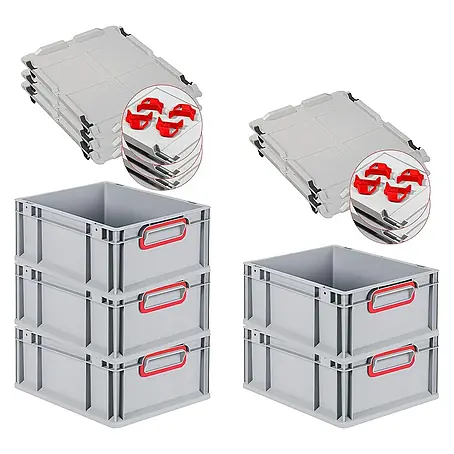 SparSet 5x Eurobox NextGen Color mit Auflagedeckel und Schiebeschnappverschlüsse | HxBxT 17x30x40cm | 16 Liter | Grau | Griffe rot geschlossen | Glatter Boden | Eurobehälter, Transportbox, Transportbehälter, Stapelbehälter