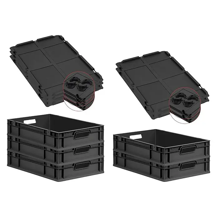 SparSet 5x Eurobox NextGen Grip mit Auflagedeckel inkl. 4 schwarzen Schiebeschnappverschlüssen | HxBxT 12x40x60cm | 23 Liter | Schwarz | Griffe offen | Eurobehälter, Transportbox, Transportbehälter, Stapelbehälter -  - Schwarze Kunststoffboxen und passende Deckel, gestapelt, für Lagerung und Transport. Robust und praktisch für diverse Anwendungen.